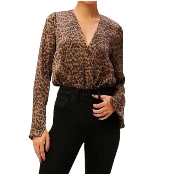 Good American NEW Sepia Leopard Faux Wrap Bodysuit Brown Black 1 or US Small - Picture 1 of 14